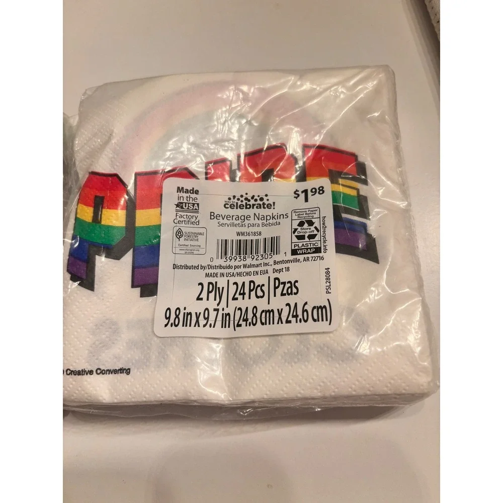 Celebrate! Pride Rainbow Can Cooler & Napkin Set LGBT LGBTQ+‎ Party